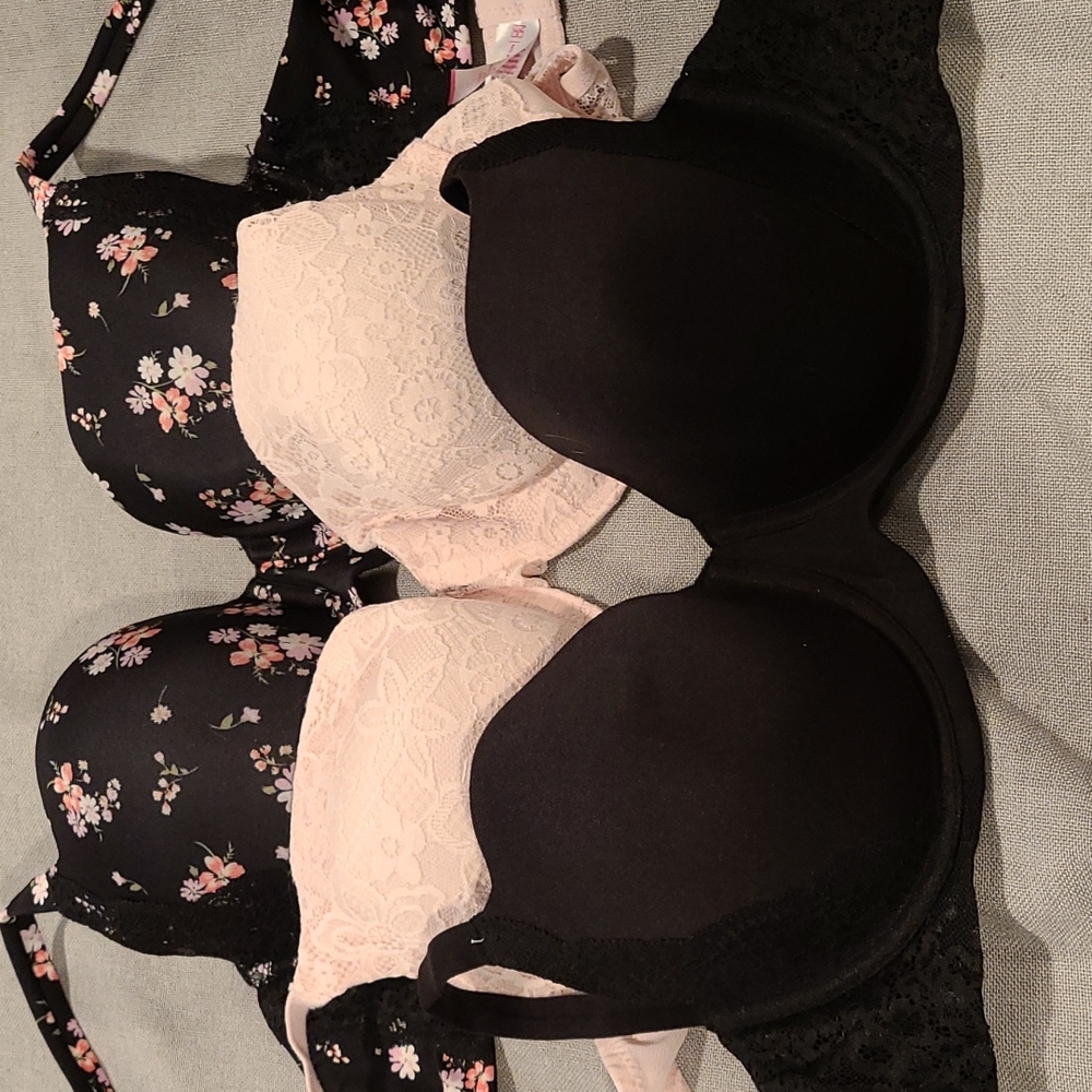Secret Treasure/ No Boundaries set of 3 bras in black,floral and pink all sz36DD